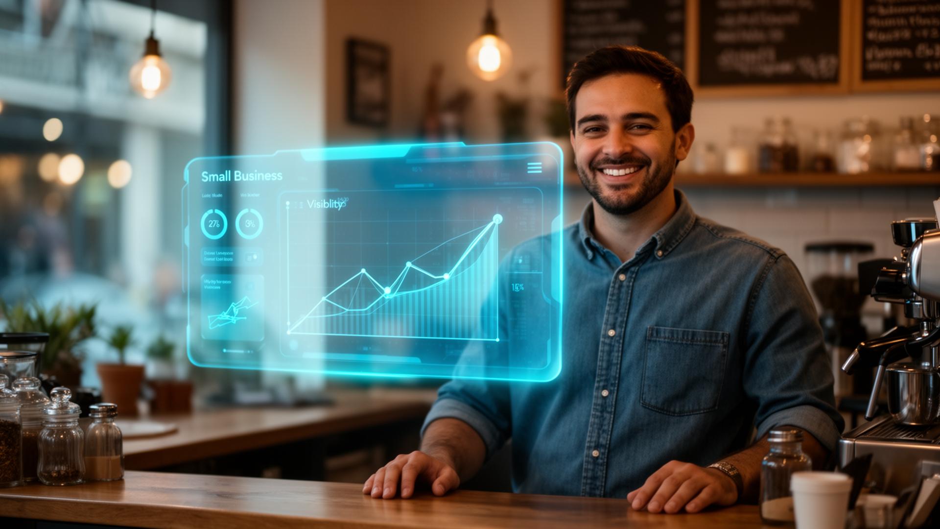 Small business owner using a tablet with digital data overlays
