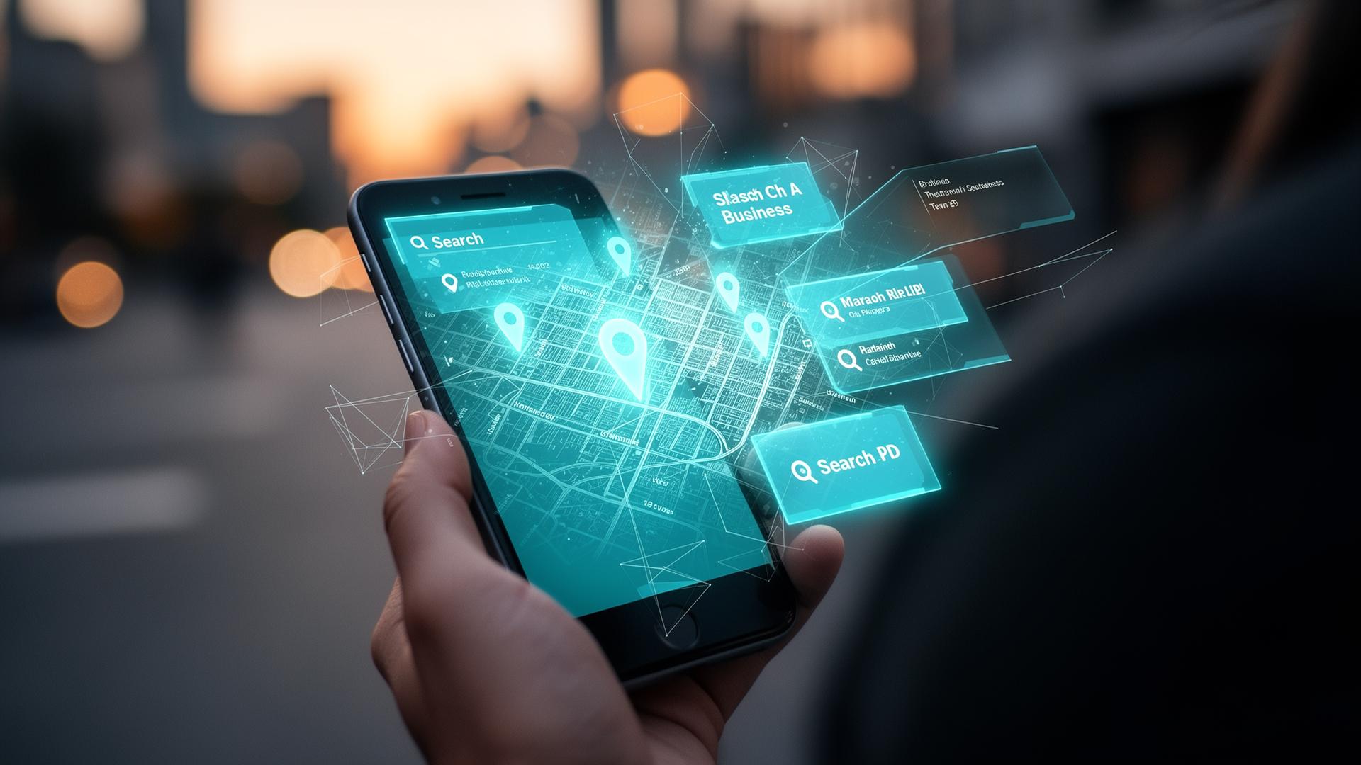 Smartphone showing local business search with glowing map pins