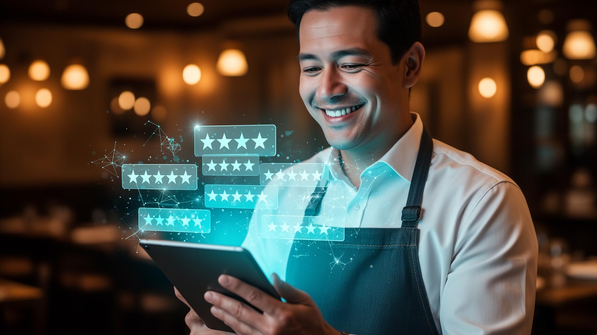 Five glowing stars above a softly lit storefront at dusk