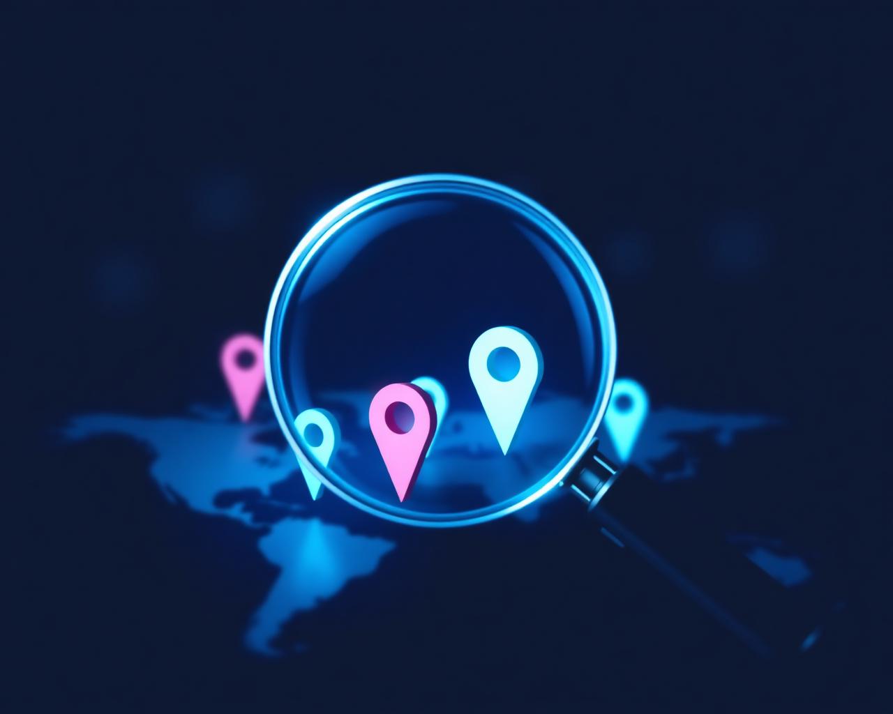 Magnifying glass scanning a digital map of business locations — visualising online discovery
